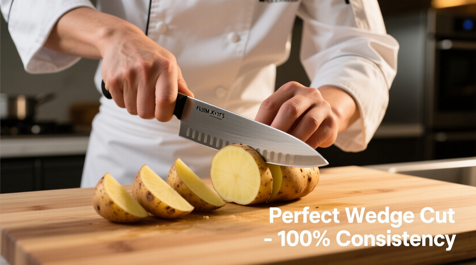 Chef demonstrating proper potato wedge cutting technique