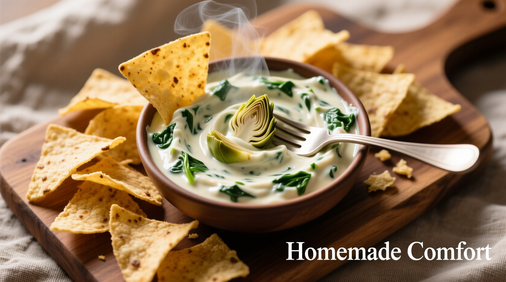 Artichoke Spinach Dip mit selbstgemachten Tortilla Chips