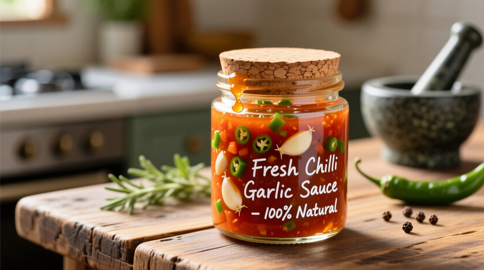 Fresh chilli garlic sauce in glass jar with ingredients