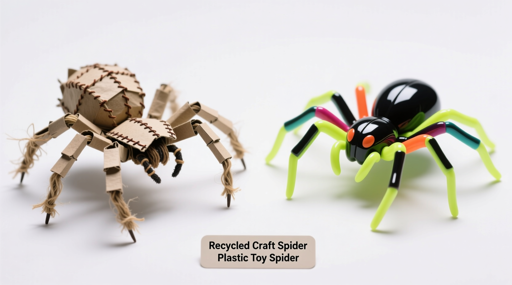 Comparison of recycled spider craft versus plastic toy spiders