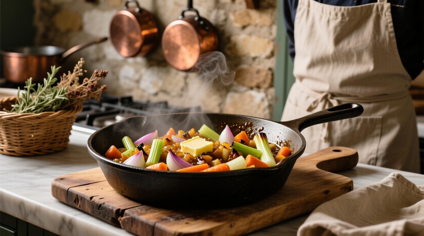 Mirepoix vegetable base in chef's pan