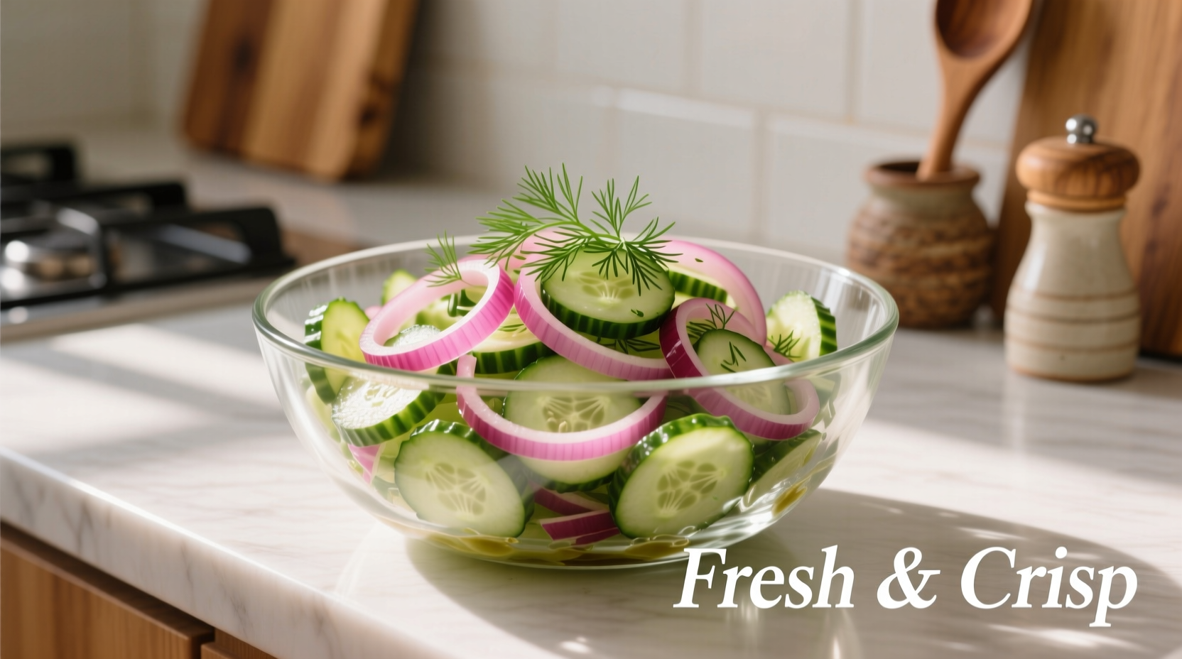 Fresh cucumber onion salad in glass bowl with dill garnish
