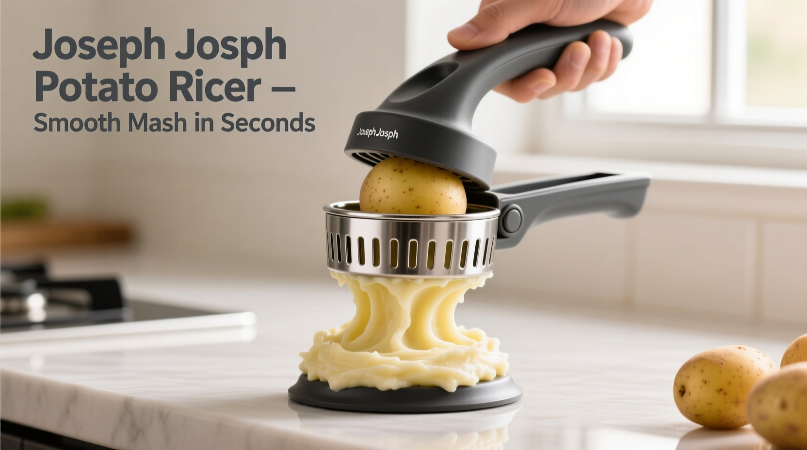 Joseph Joseph potato ricer in action with smooth mash