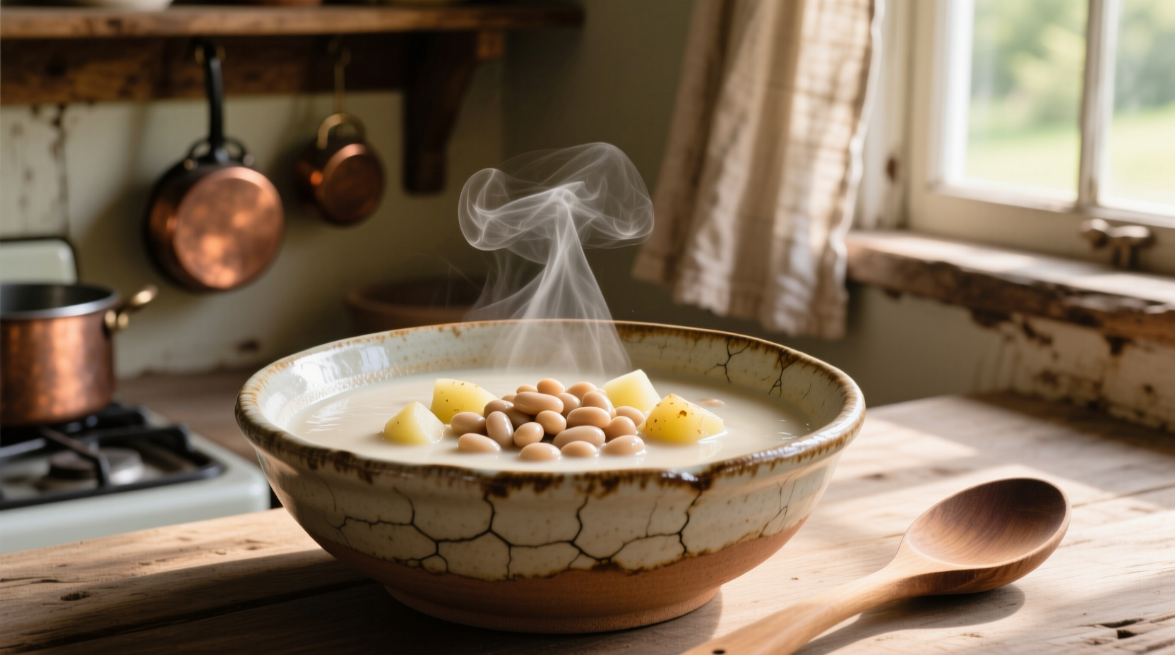 Creamy white bean and potato soup in rustic bowl