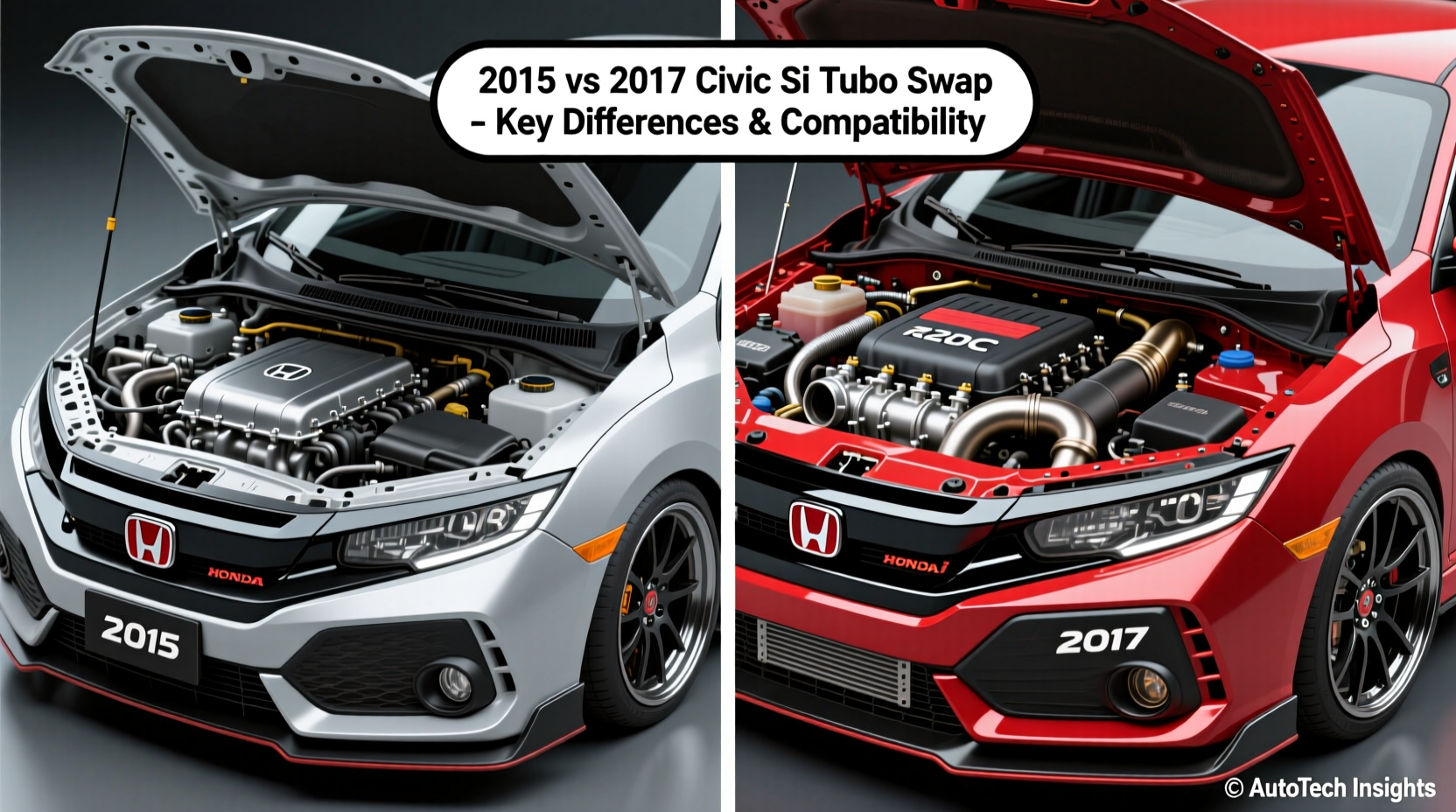 A side-by-side comparison of the 2015 and 2017 Civic Si turbo systems