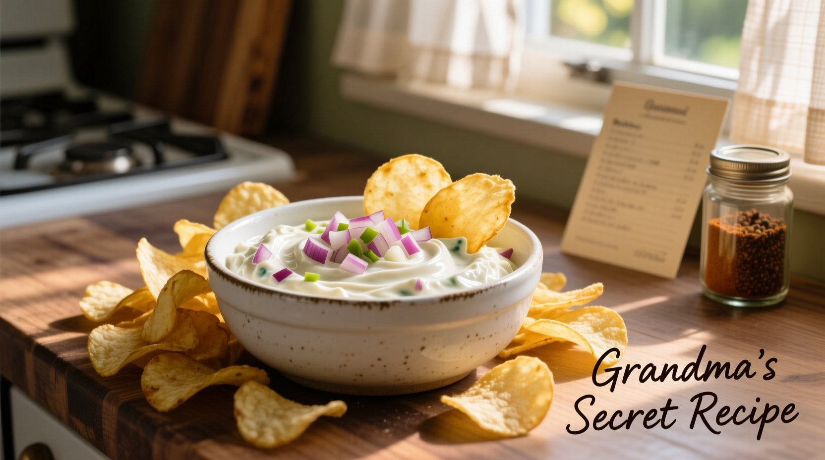 Homemade onion dip in white bowl with chips