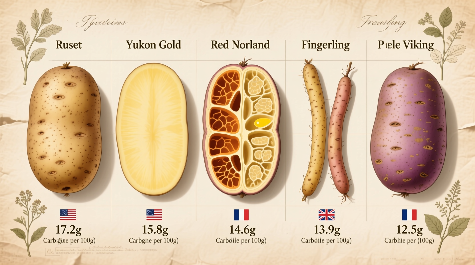 Potato varieties showing carb content differences