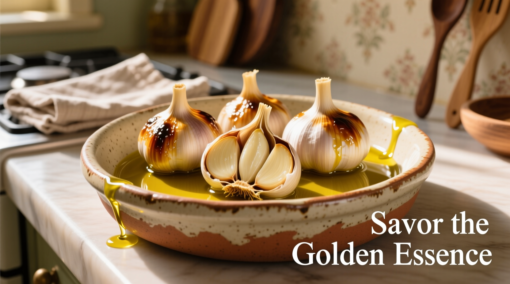 Golden roasted garlic cloves in ceramic dish with olive oil