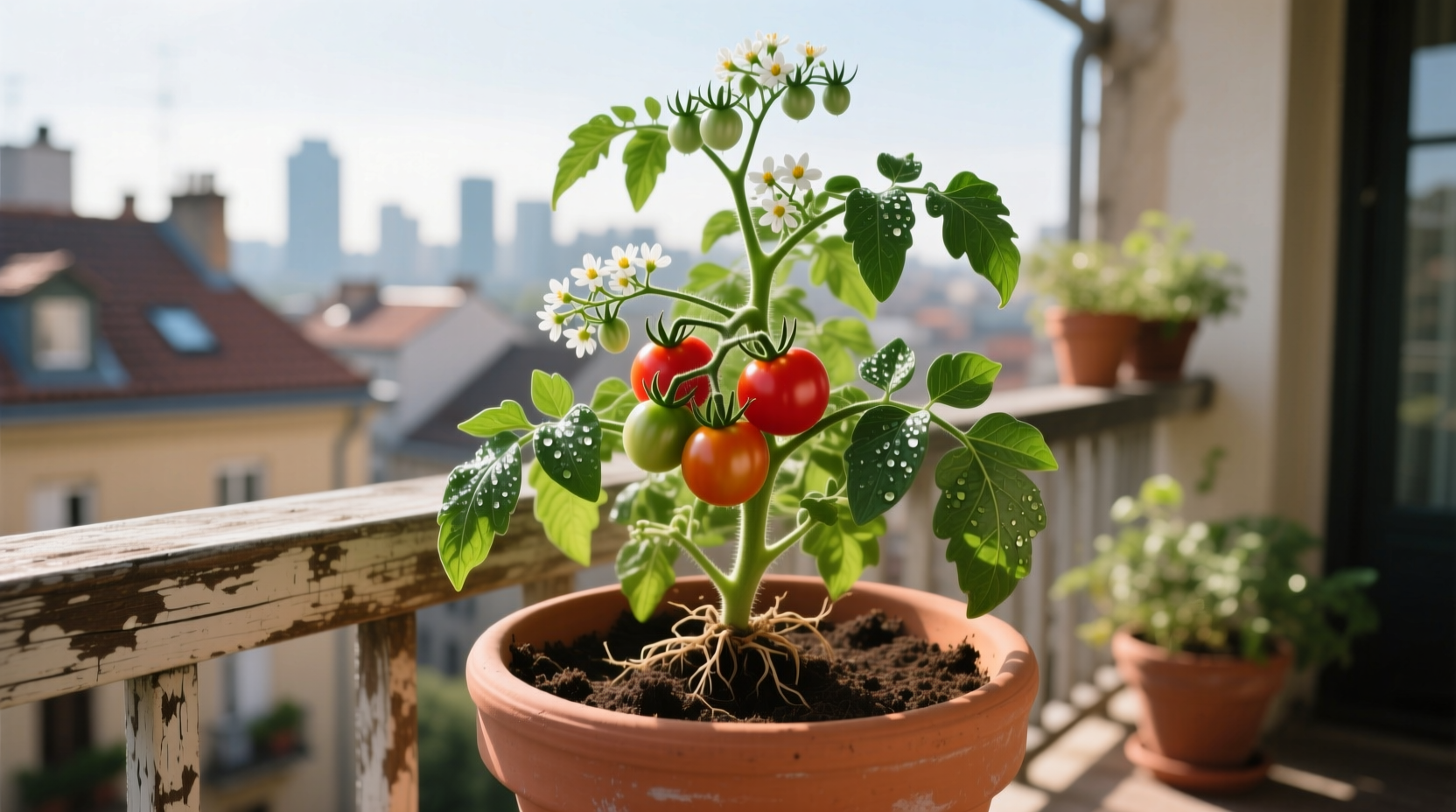 Healthy patio tomato plant growing in container on balcony