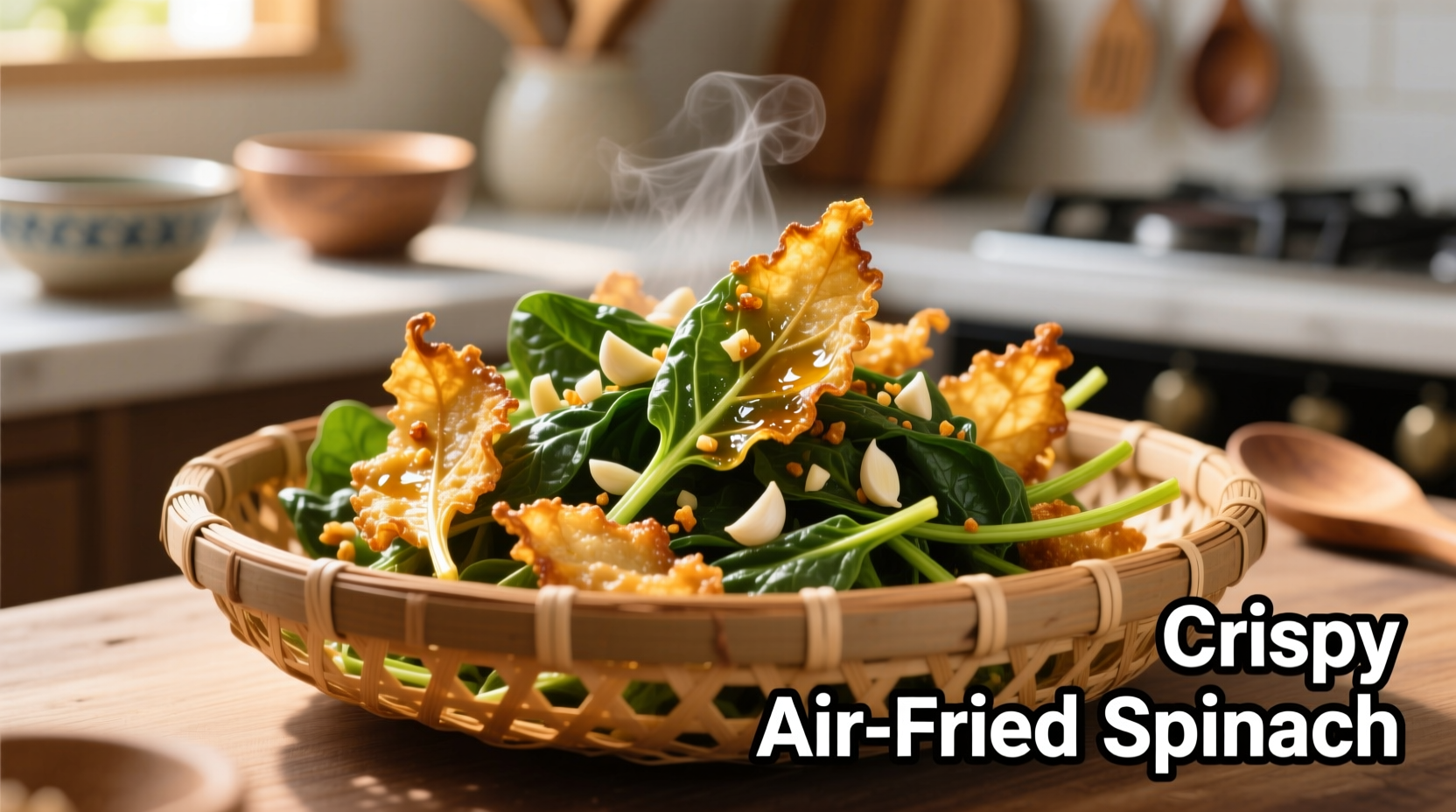 Crispy air fried spinach in basket with garlic