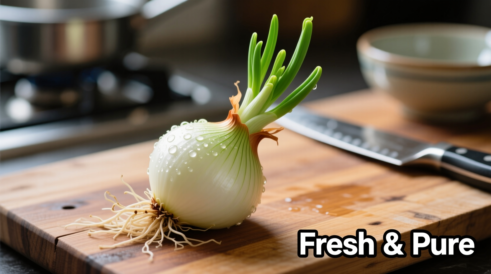 Fresh sprouted onion with green shoots on cutting board