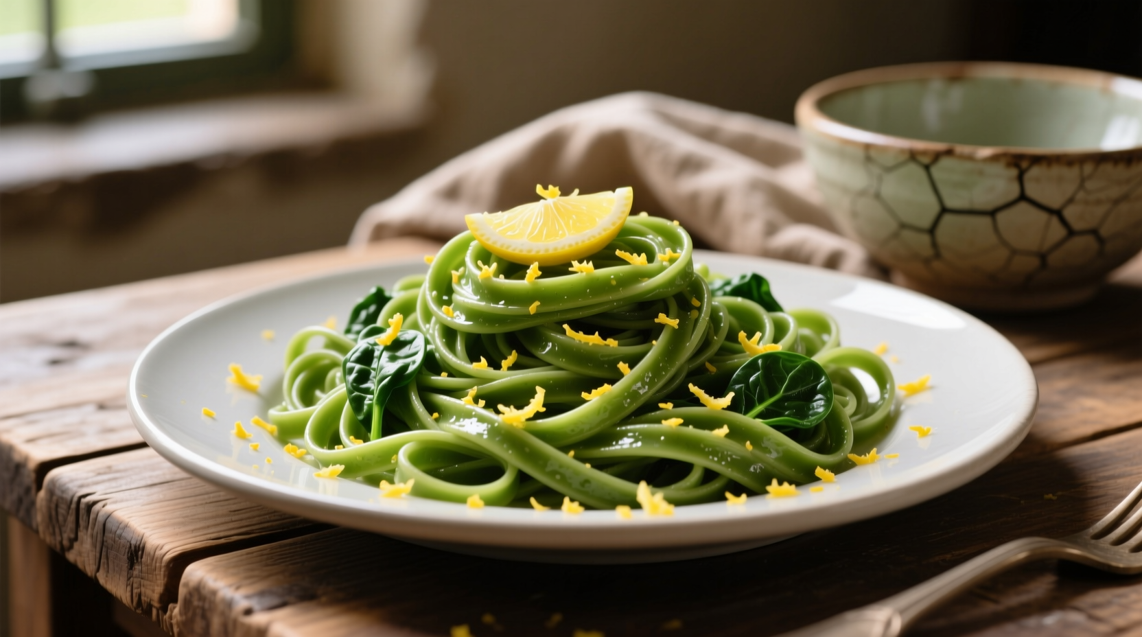 Vibrant green spinach pasta with lemon zest