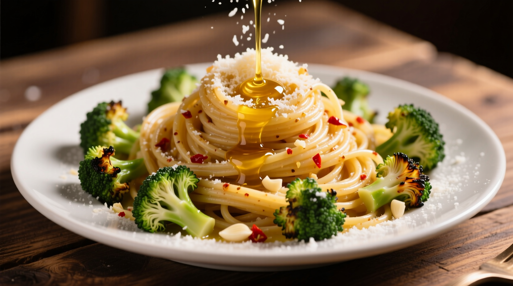 Golden garlic oil coating al dente pasta with crisp broccoli florets