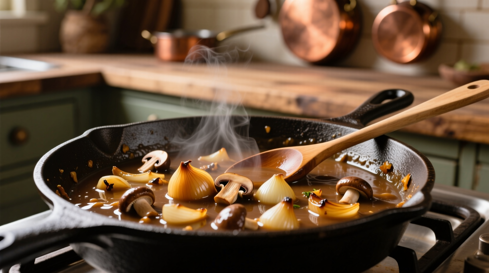 Homemade mushroom and onion gravy in cast iron skillet