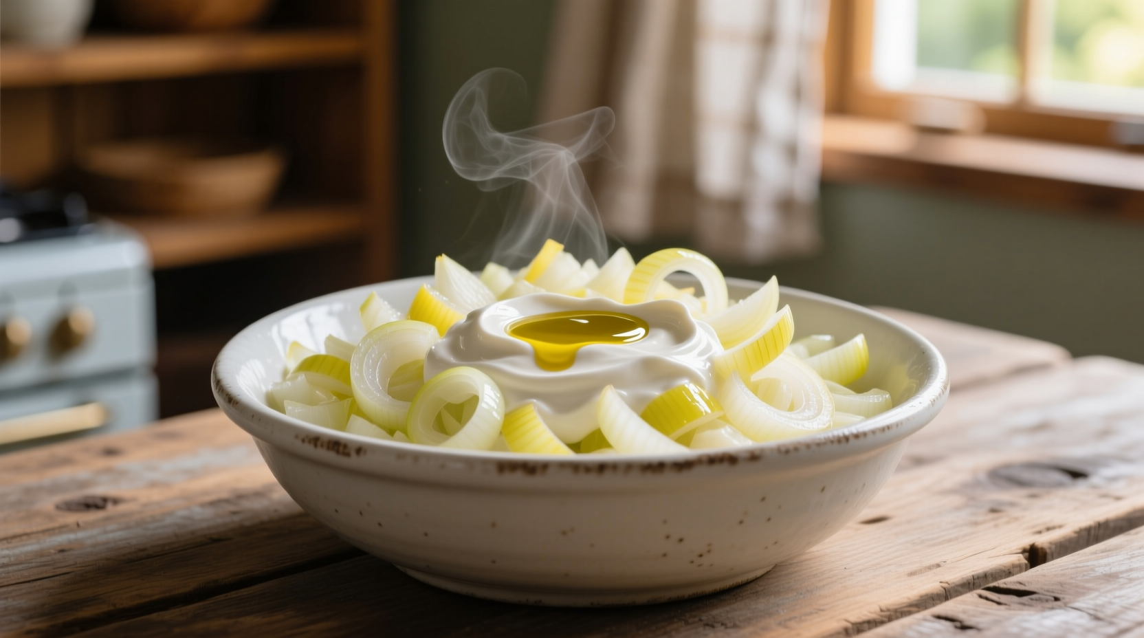 Fresh chopped onions mixed with sour cream in a white bowl