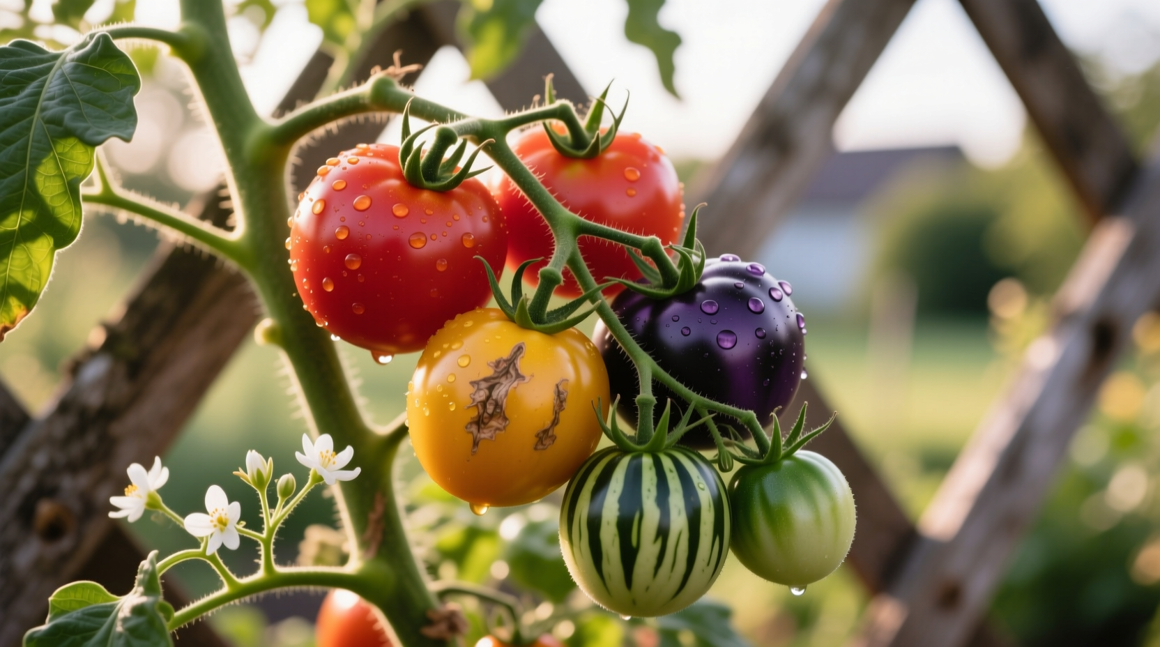 Ripe tomatoes on vine showing different heirloom varieties