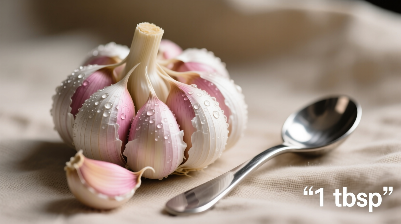 Fresh garlic cloves with measuring spoon