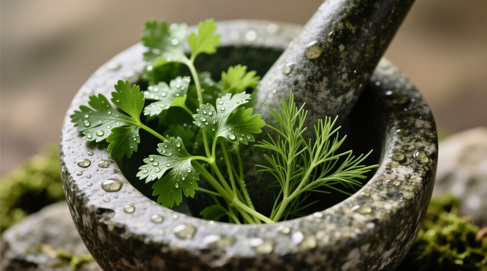 Fresh cilantro and parsley side by side in mortar