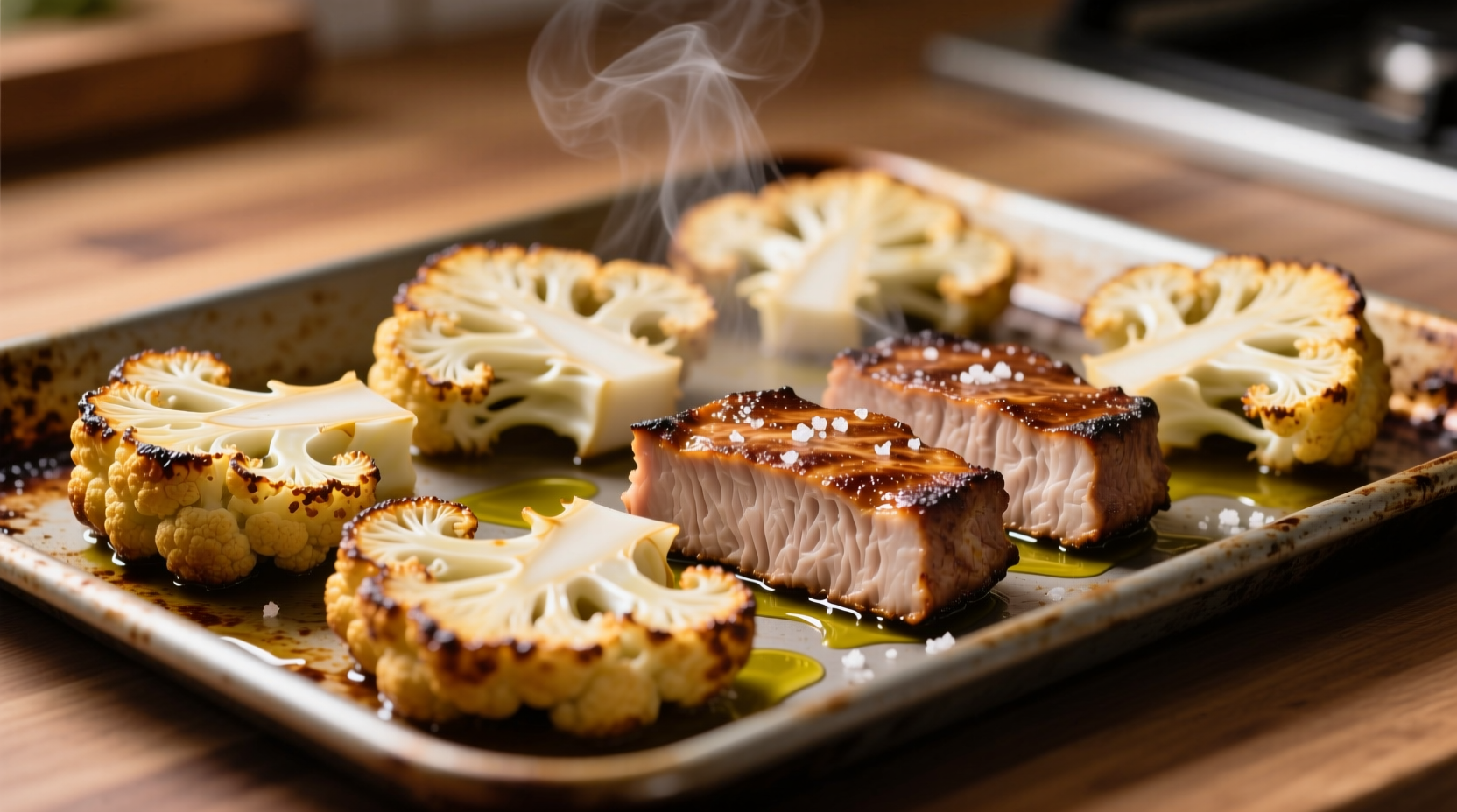 Golden-brown cauliflower steaks with crispy edges on baking sheet