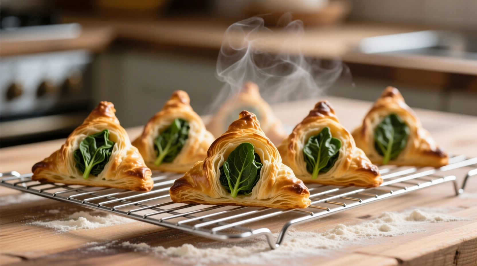 Golden brown spinach puff pastry triangles on wire cooling rack
