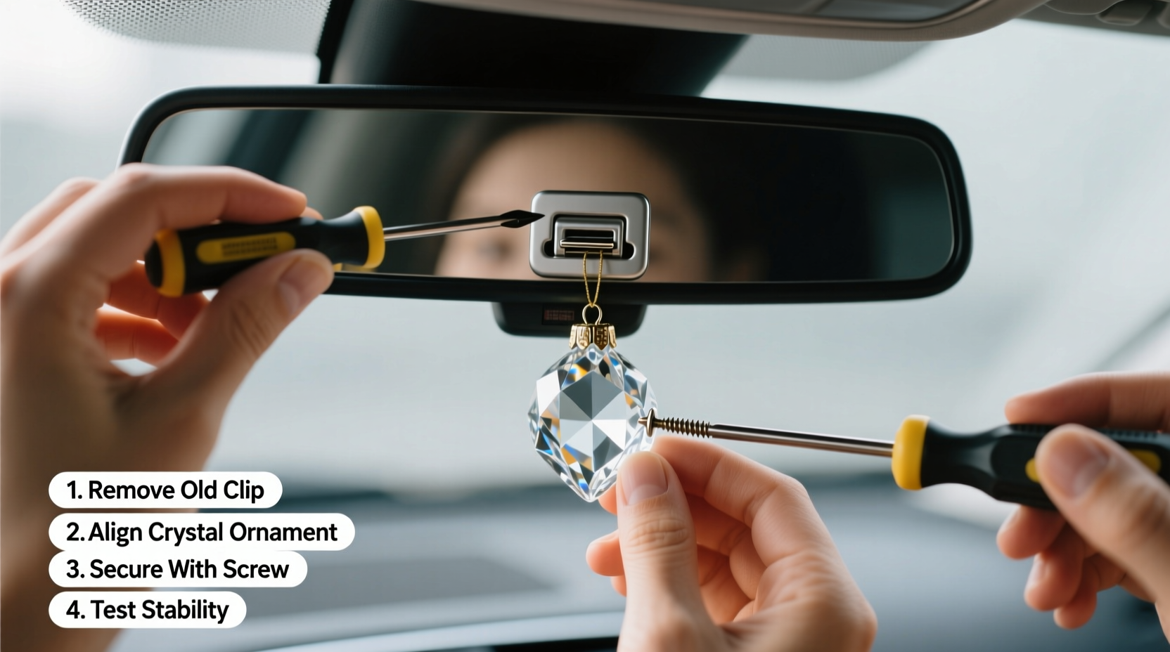 a step by step guide to safely installing a crystal car ornament on your rearview mirror
