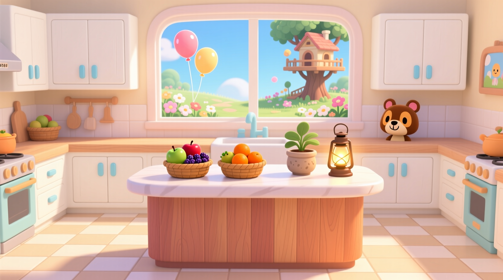 Animal Crossing kitchen furniture arrangement with island counter