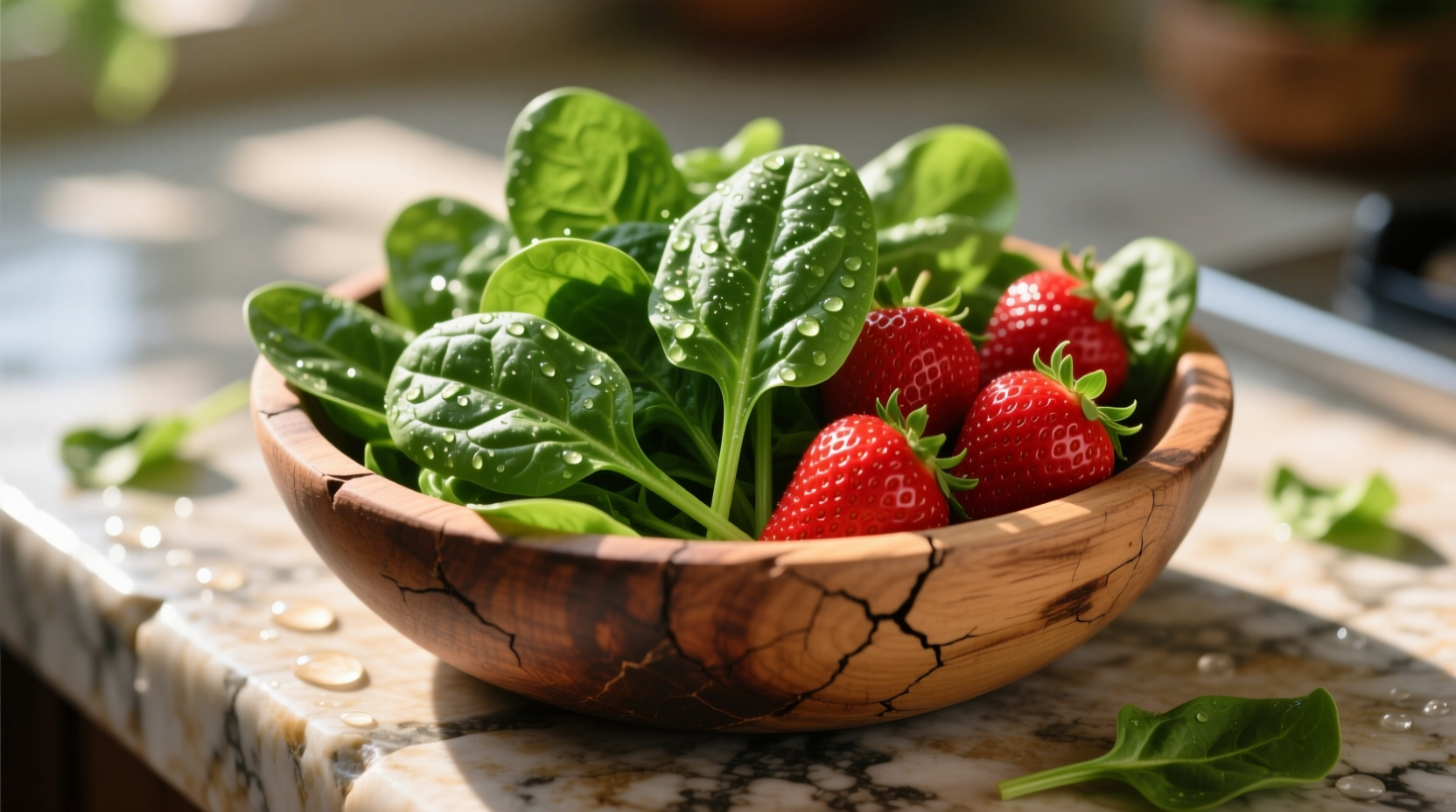 Fresh spinach and strawberries in wooden bowl