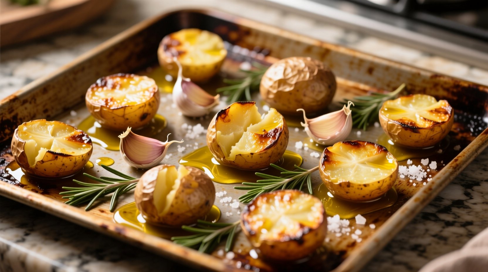 Golden roasted garlic potatoes on baking sheet