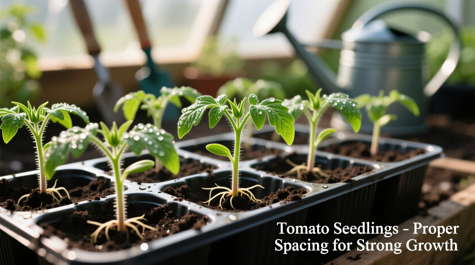 Tomato seedlings in starter trays with proper spacing