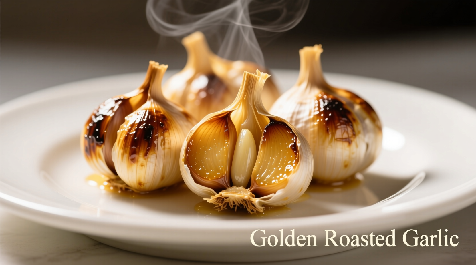 Golden roasted garlic cloves on white plate