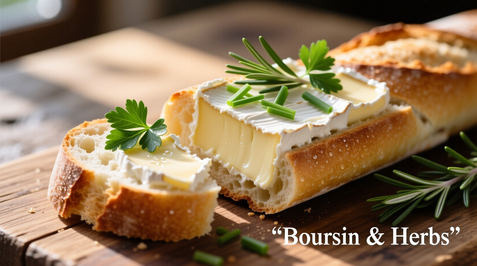 Boursin cheese spread on baguette with fresh herbs