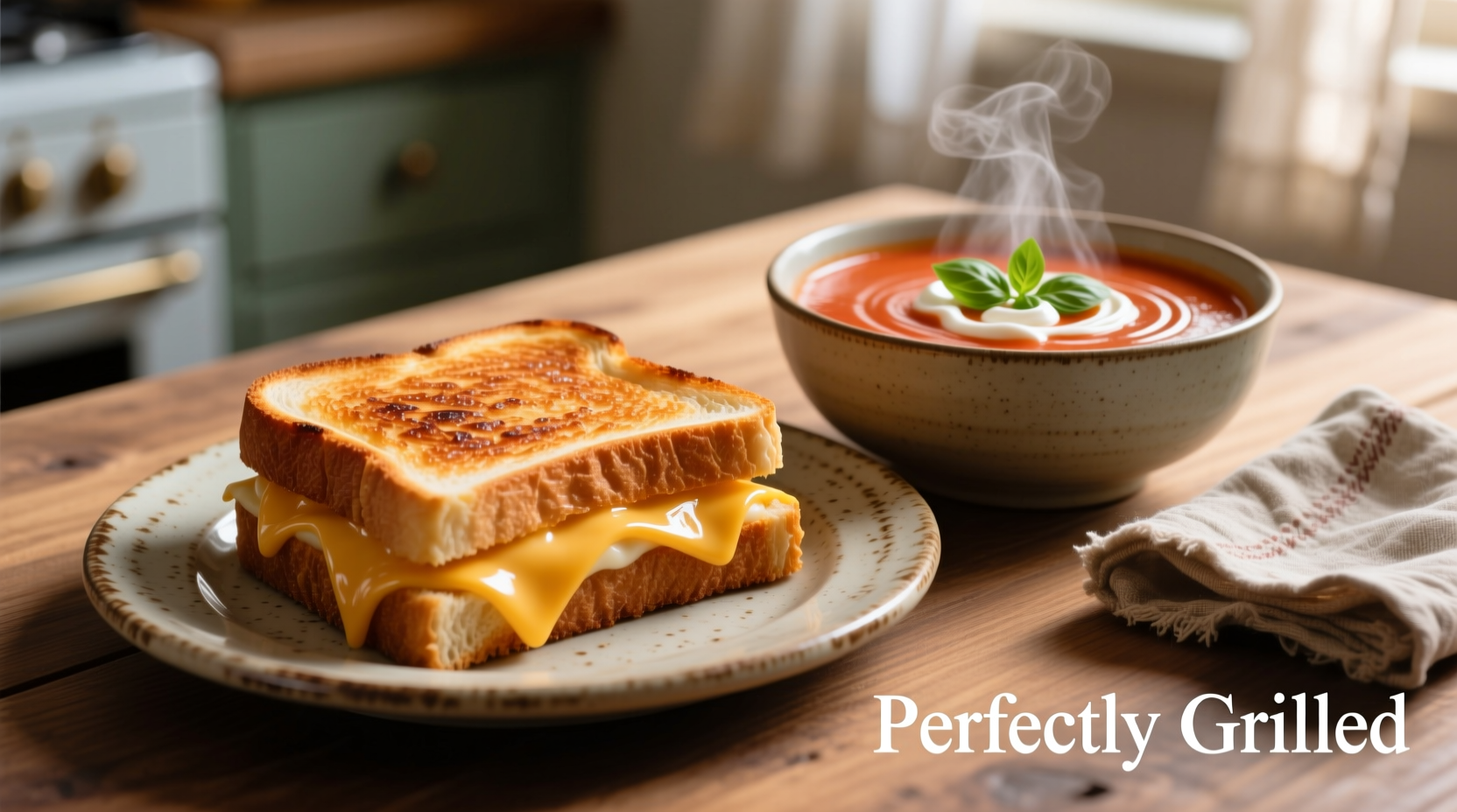 Perfectly grilled cheese sandwich with tomato soup