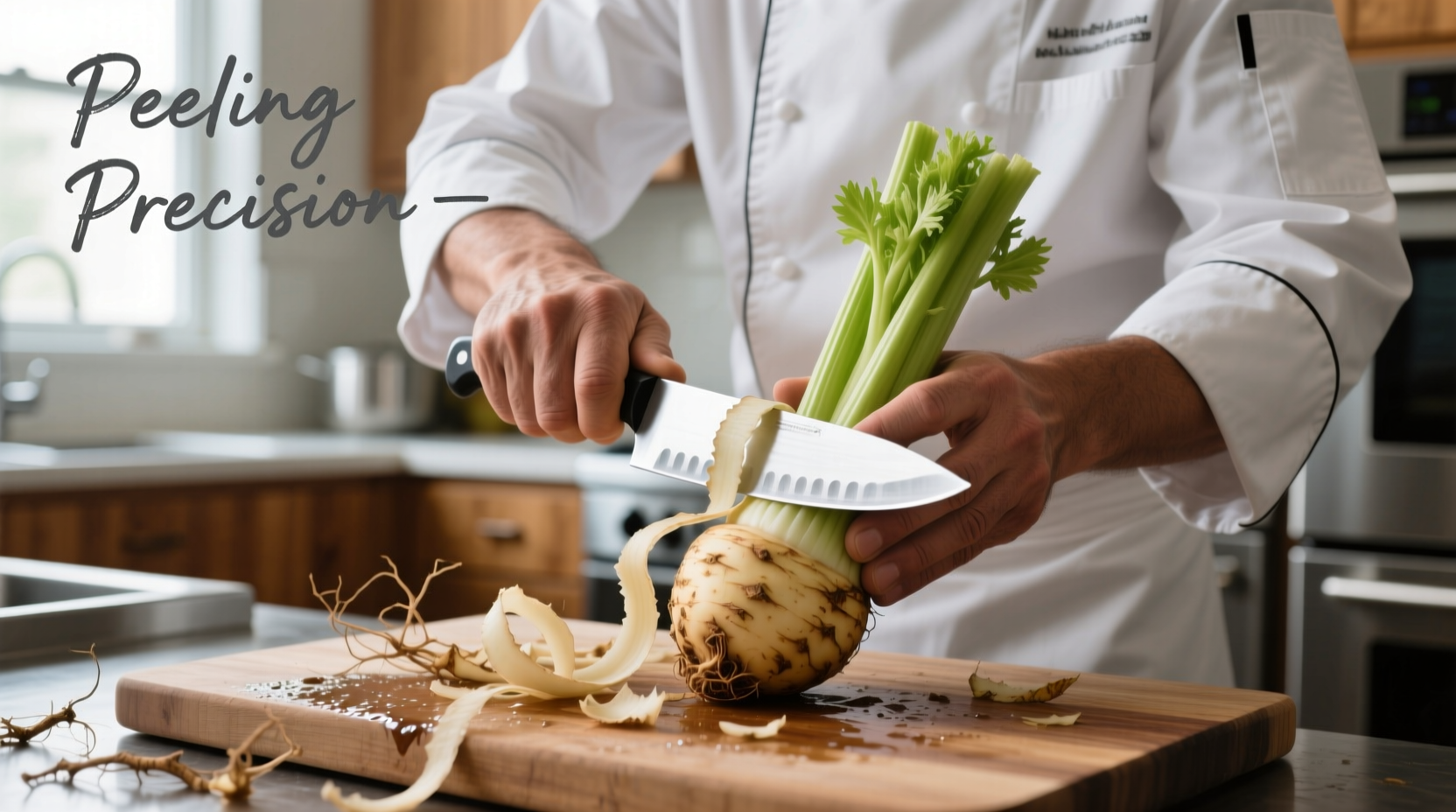 Chef peeling celery root with sharp knife