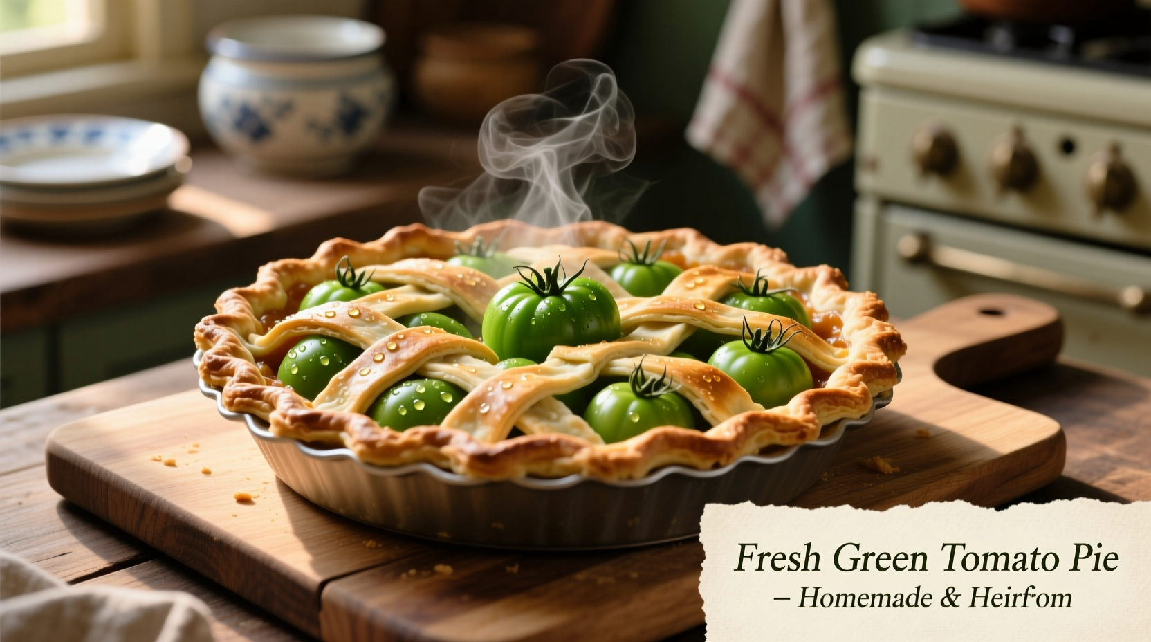 Fresh green tomato pie with lattice crust