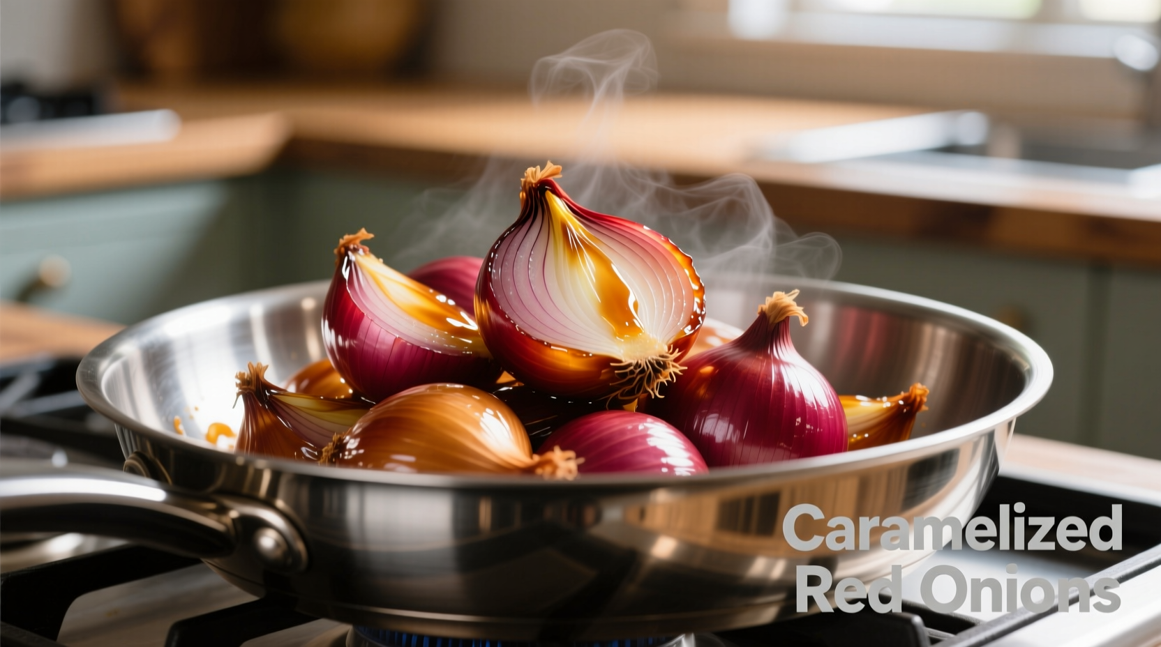 Perfectly caramelized red onions in stainless steel pan