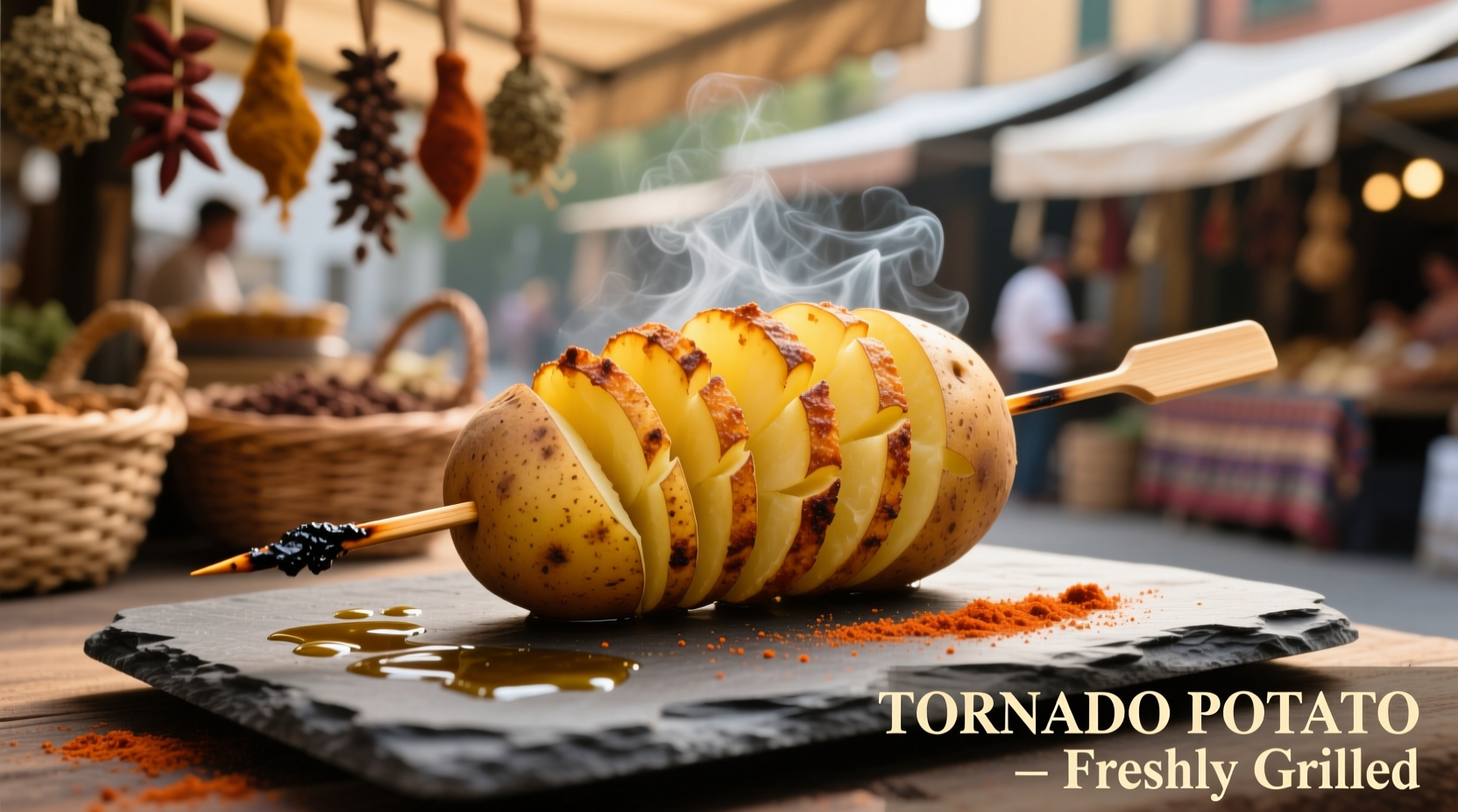 Freshly prepared tornado potato on a stick