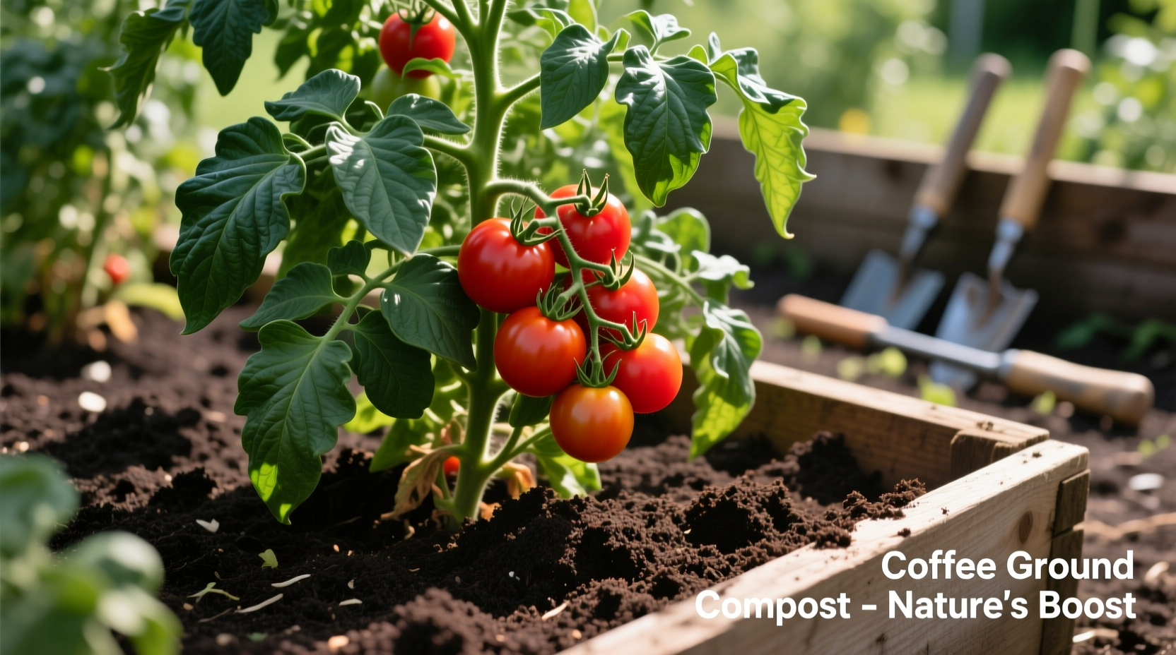 Tomato plant thriving with coffee ground compost application