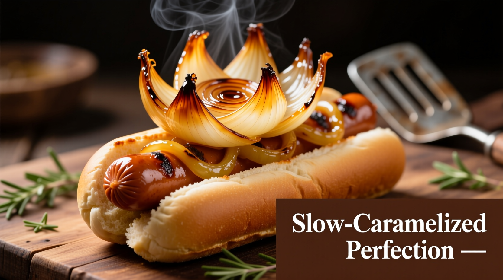 Perfectly caramelized onions on hot dog