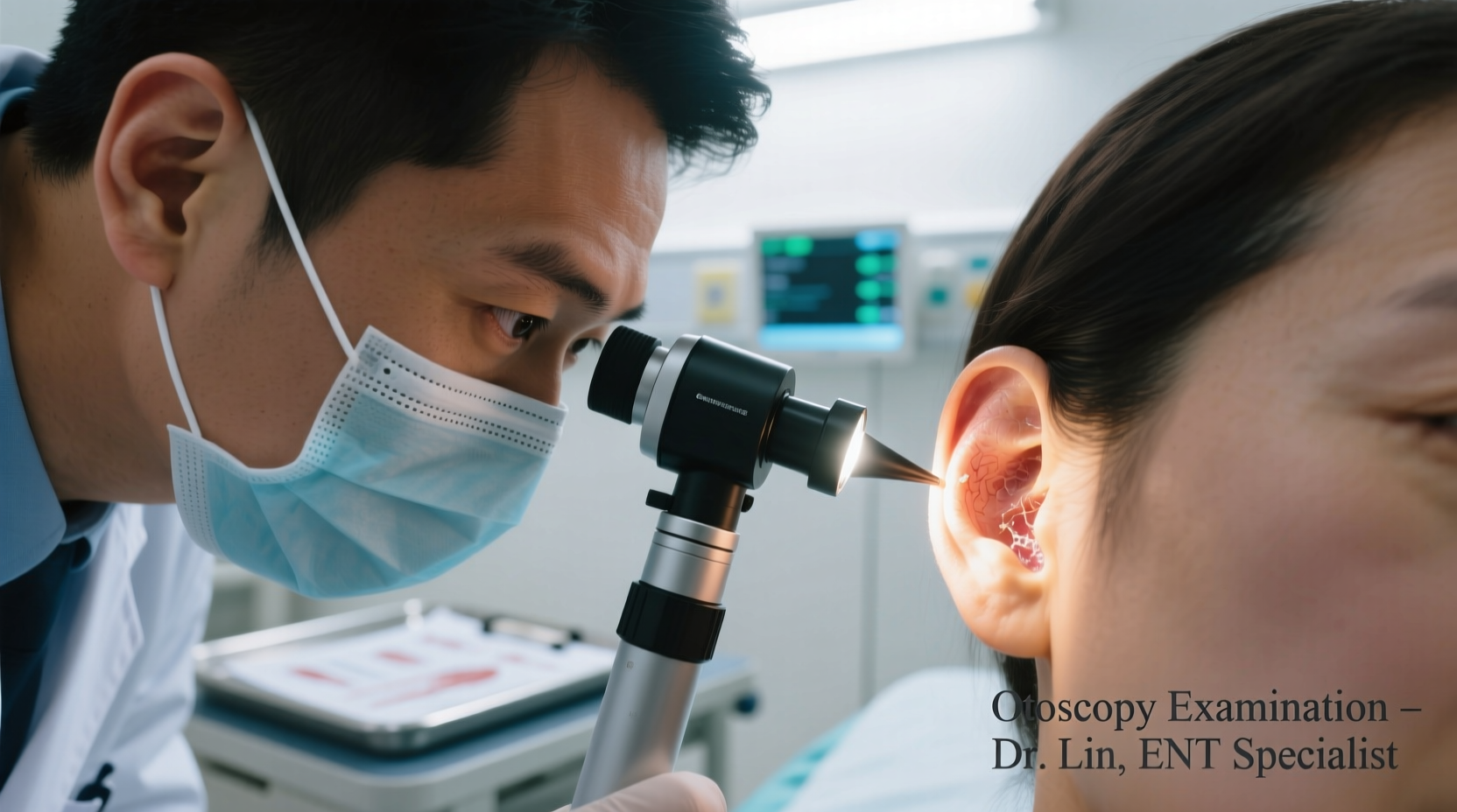 Medical professional examining ear with otoscope
