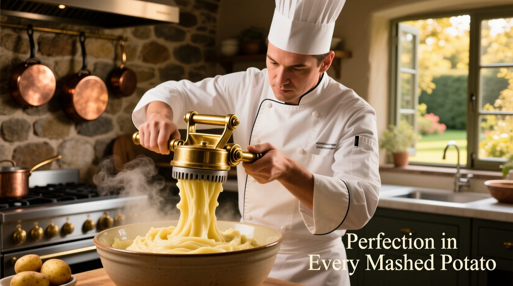 Professional chef using potato ricer for perfect mashed potatoes