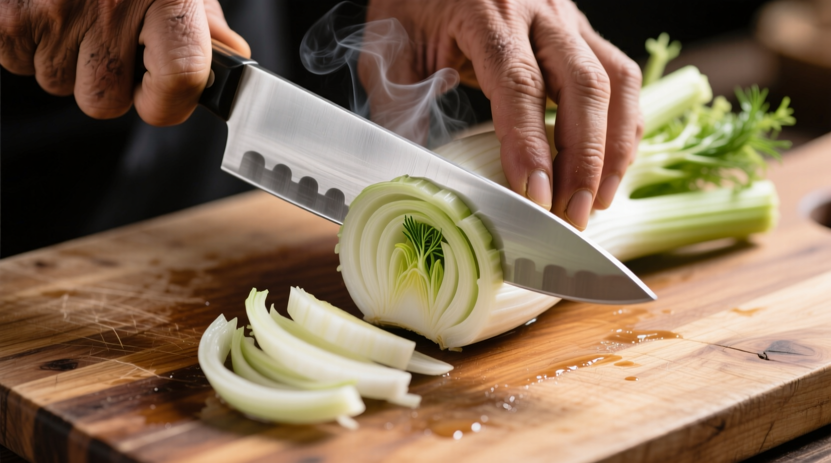 Hand holding sharp knife cutting fennel bulb on wooden board