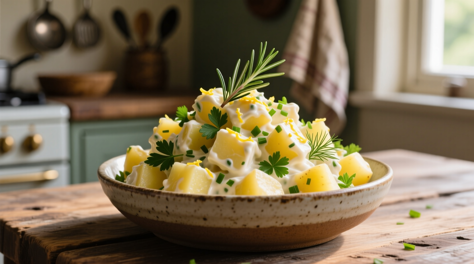 Creamy homemade potato salad with fresh herbs