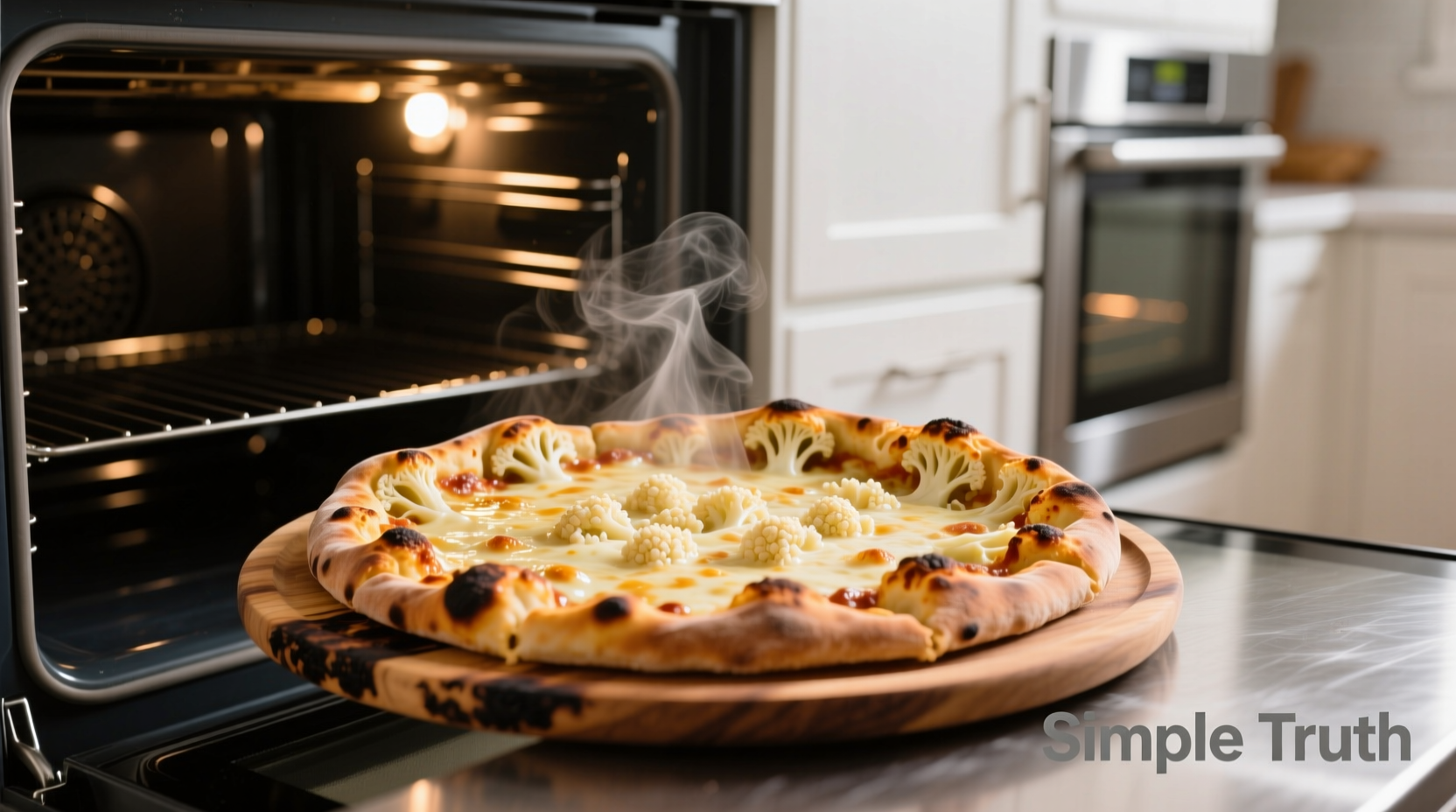 Simple Truth cauliflower crust pizza baking in oven