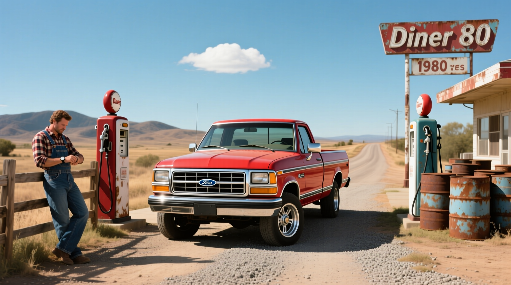 Classic 1980s pickup trucks lined up on a rural road