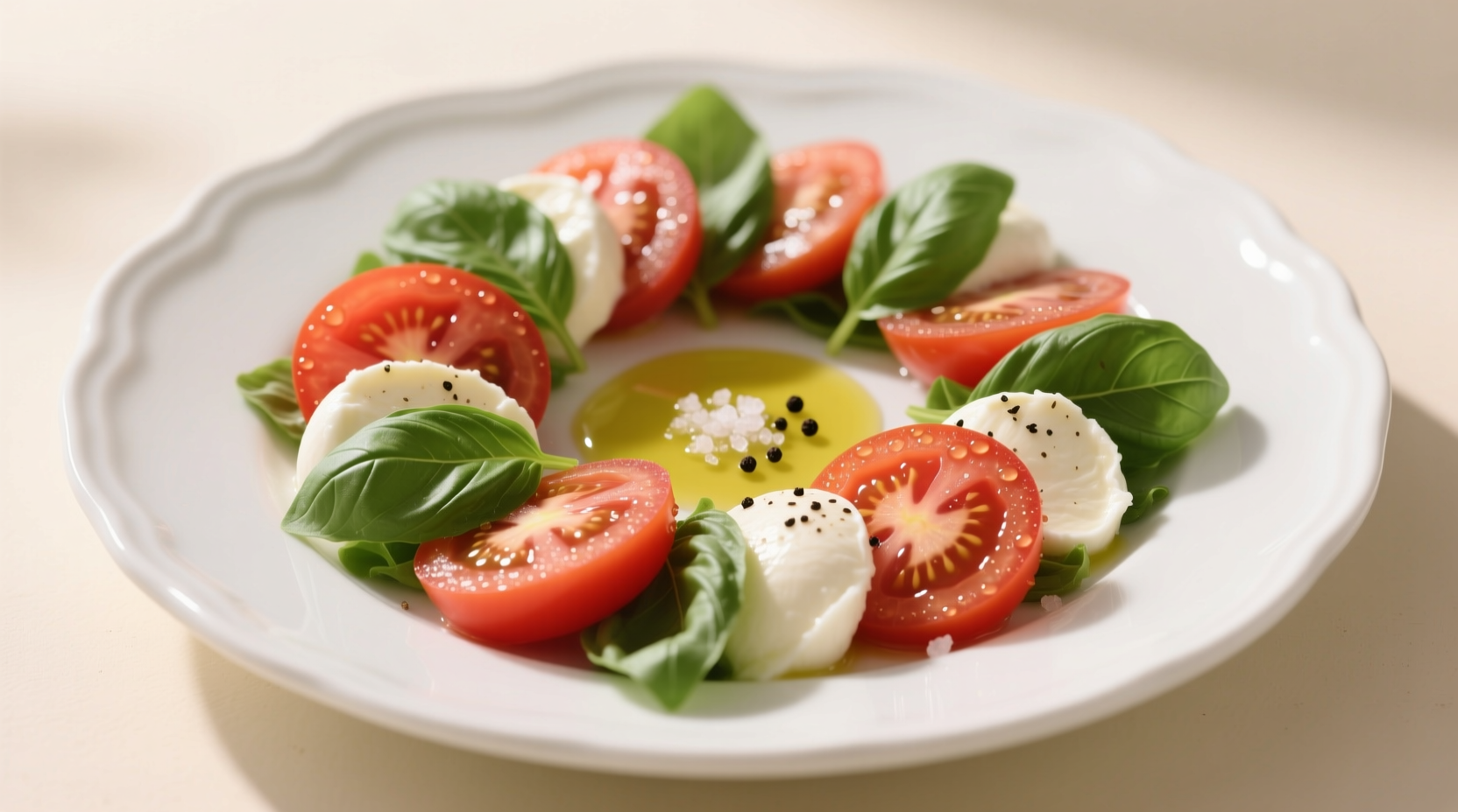 Fresh tomato basil mozzarella salad on white plate