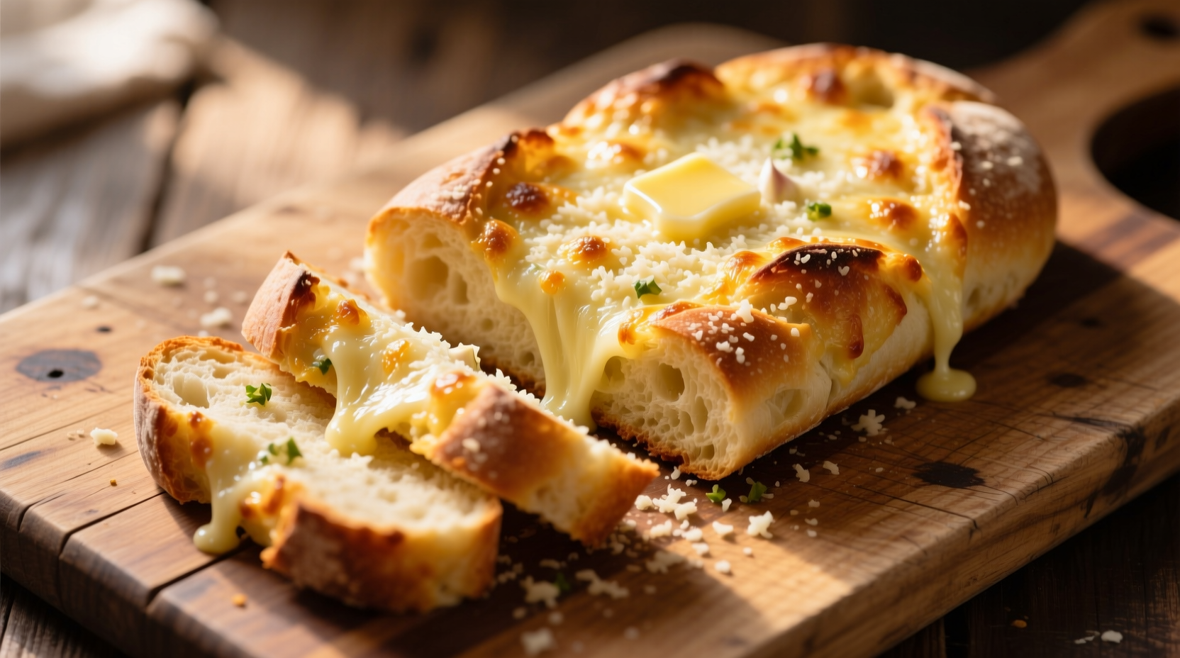 Golden parmesan garlic cheese bread on wooden cutting board