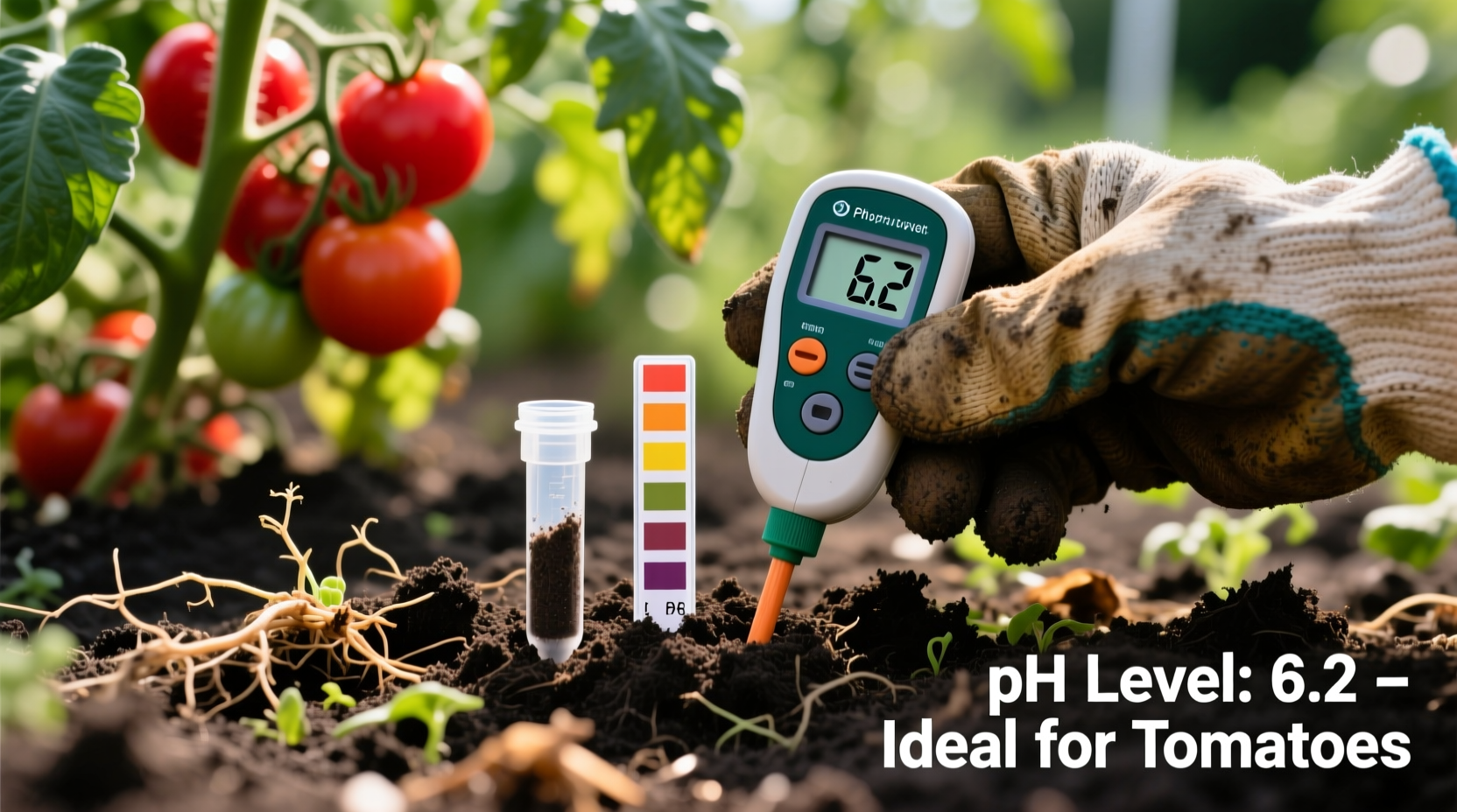 Soil testing kit measuring tomato garden pH level
