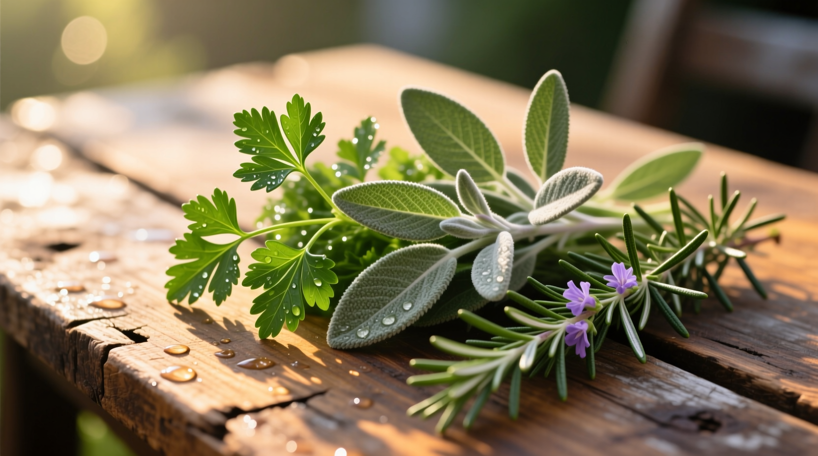 Fresh parsley sage and rosemary sprigs on wooden table