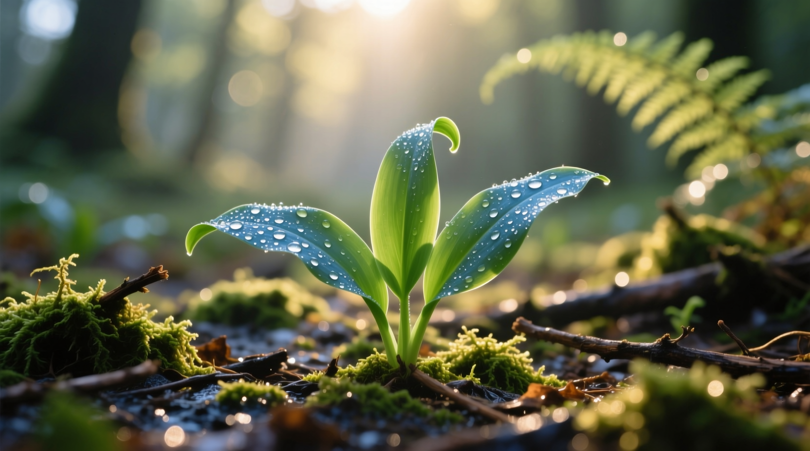 Fresh wild garlic leaves with dew on forest floor
