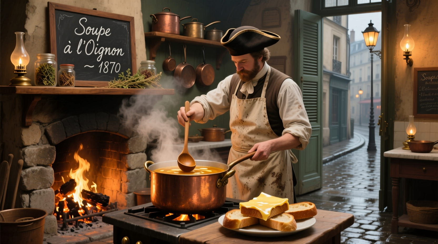 Historic French onion soup preparation in 19th century Paris
